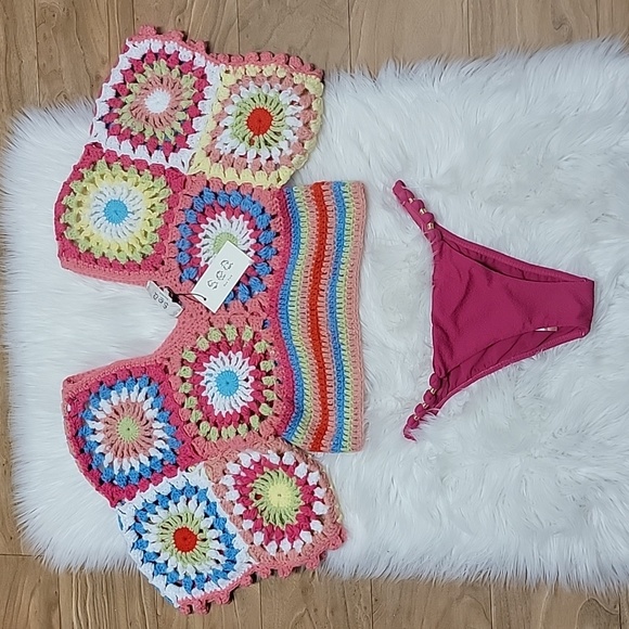 SEA New York |  Pink Multi Granny Square Crochet Top - Picture 3 of 10